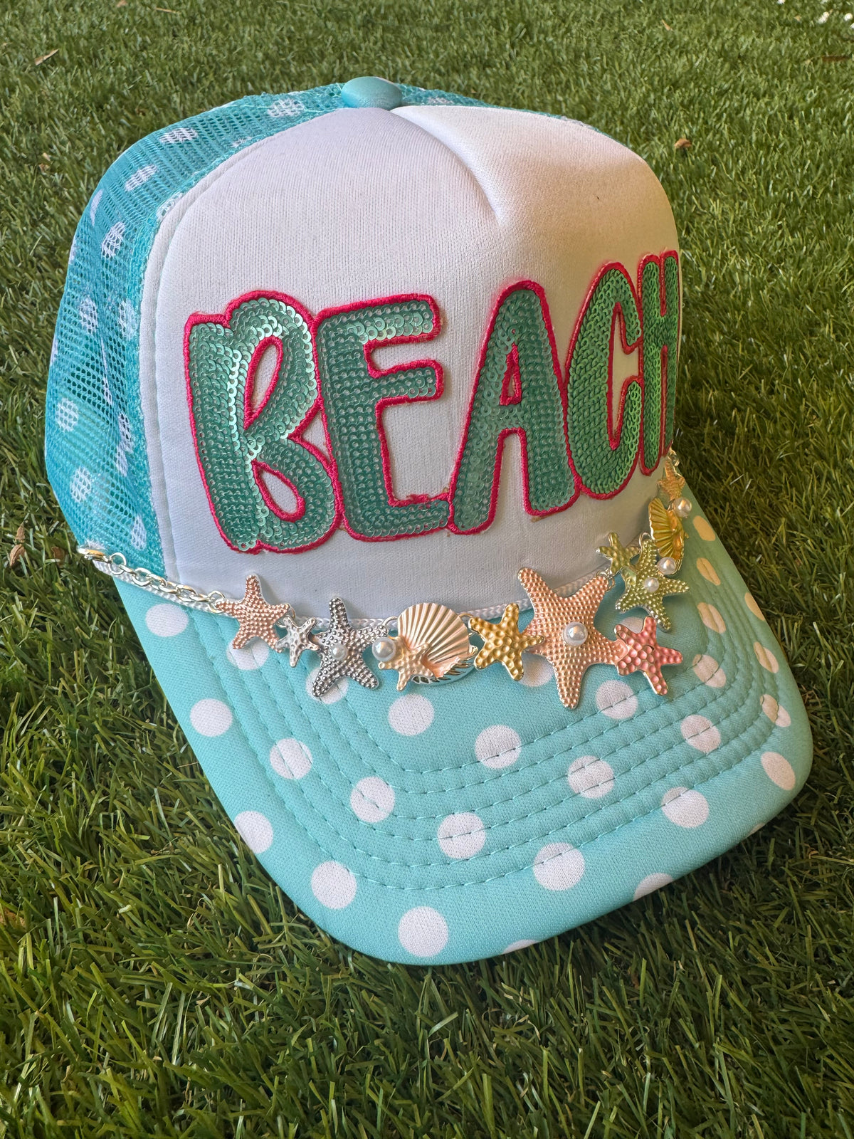 BEACH on blue polka dot hat with beach theme hat chain