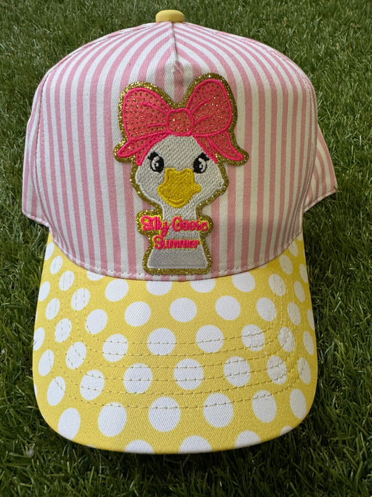 Silly Goose Summer on pink and white strip canvas hat with yellow and white polka dot brim
