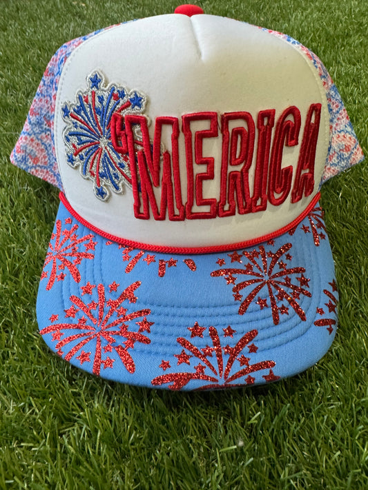'Merica embroidered patch with fireworks on red, white and blue trucker hat