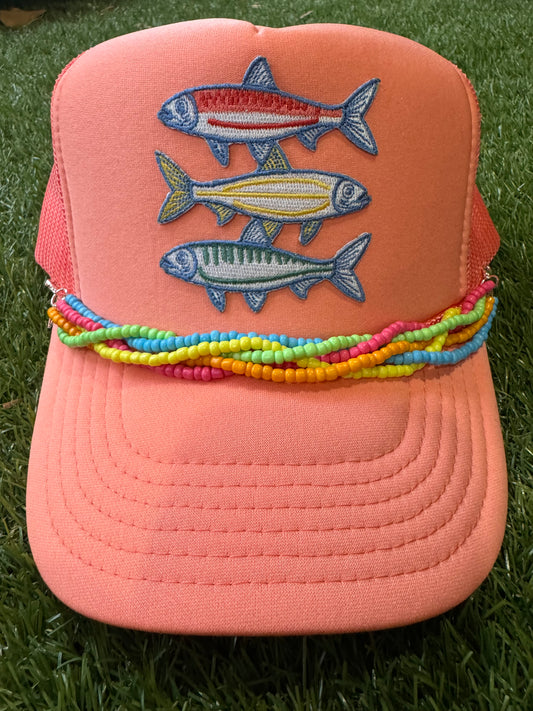Sardines embroidered patch on Otto comfort foam trucker hat with multi colored beaded hat chain