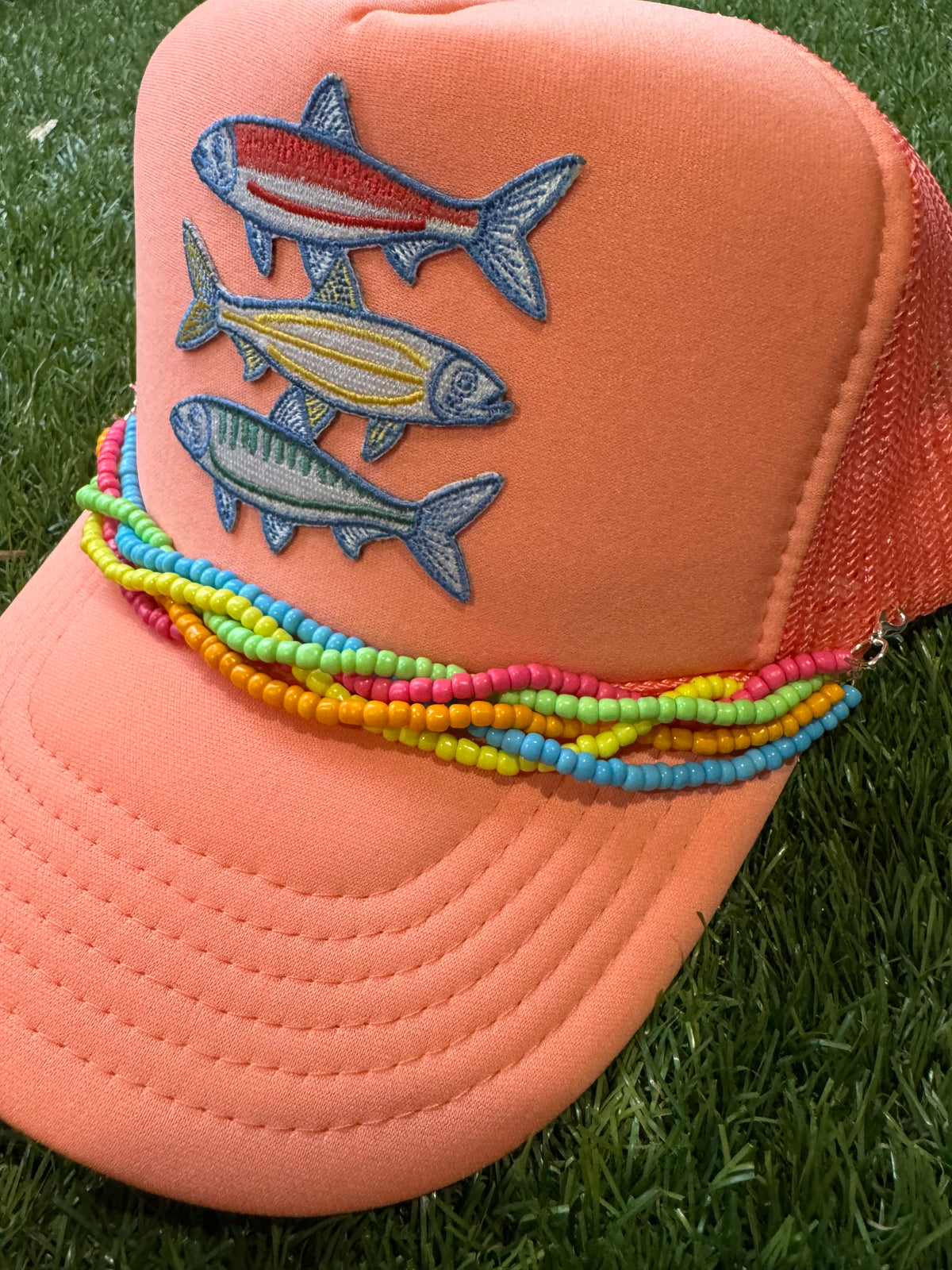 Sardines embroidered patch on Otto comfort foam trucker hat with multi colored beaded hat chain