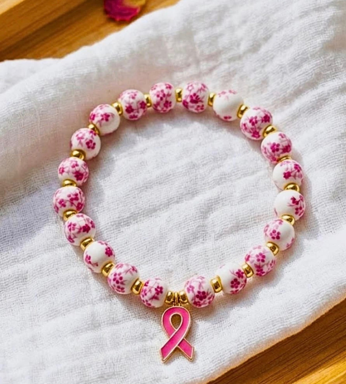 Floral Rhinestone Beaded Breast Cancer Awareness Bracelet