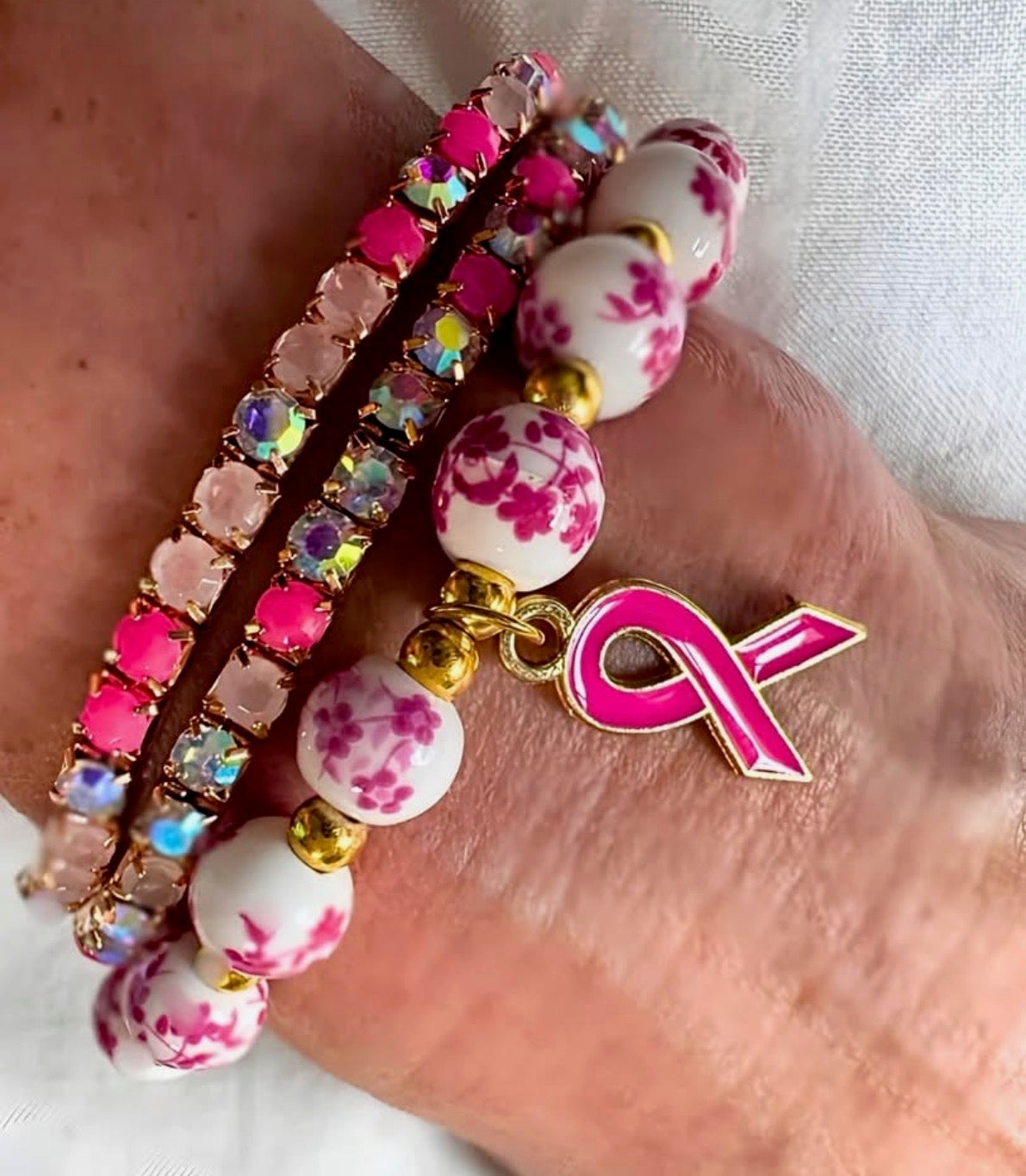 Floral Rhinestone Beaded Breast Cancer Awareness Bracelet