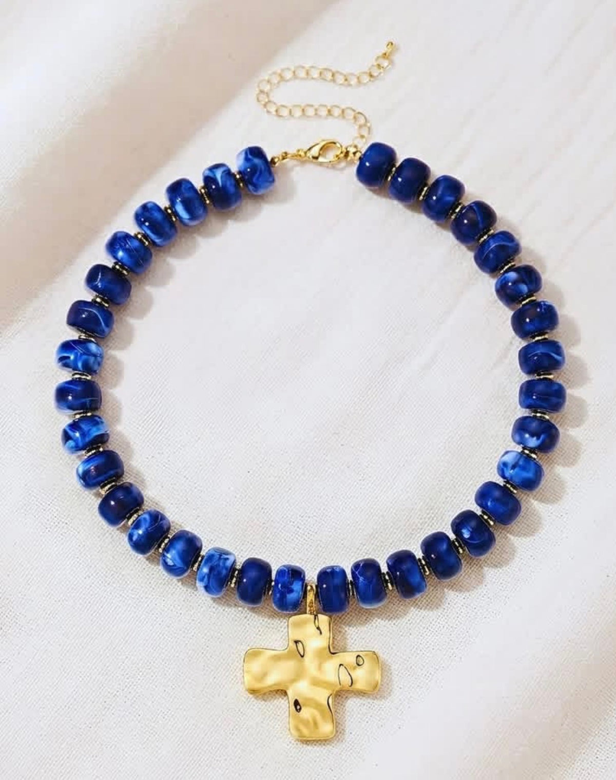 Faith Chunky Cross Navy Blue Bead Necklace