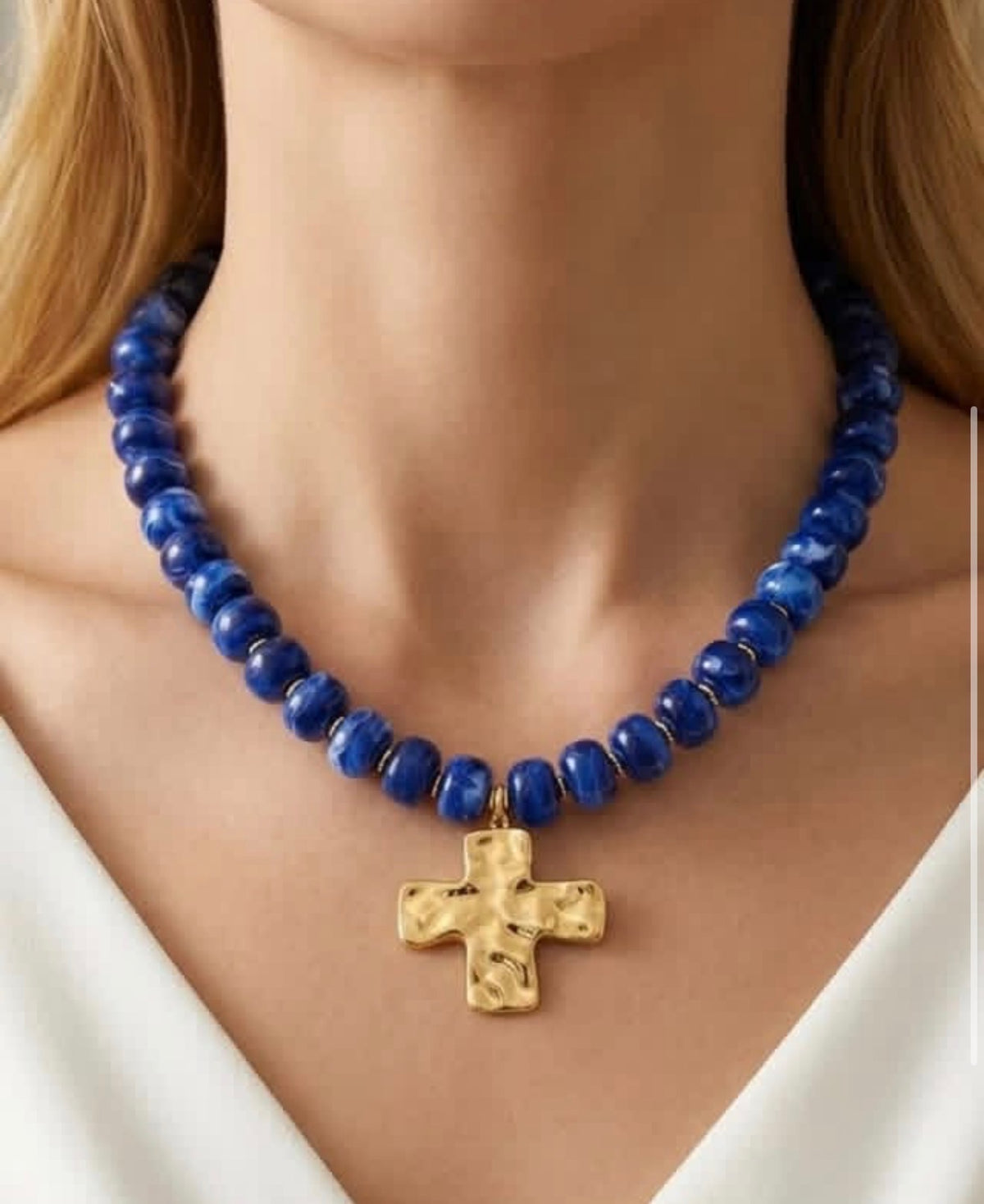 Faith Chunky Cross Navy Blue Bead Necklace