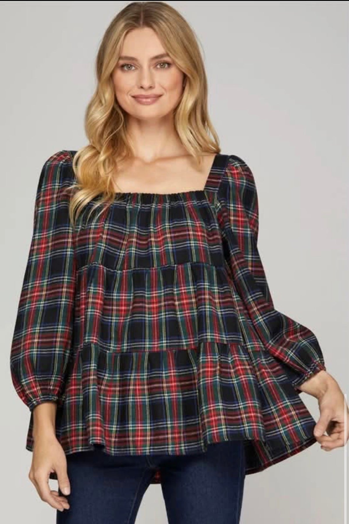 Plaid Square Neck Top