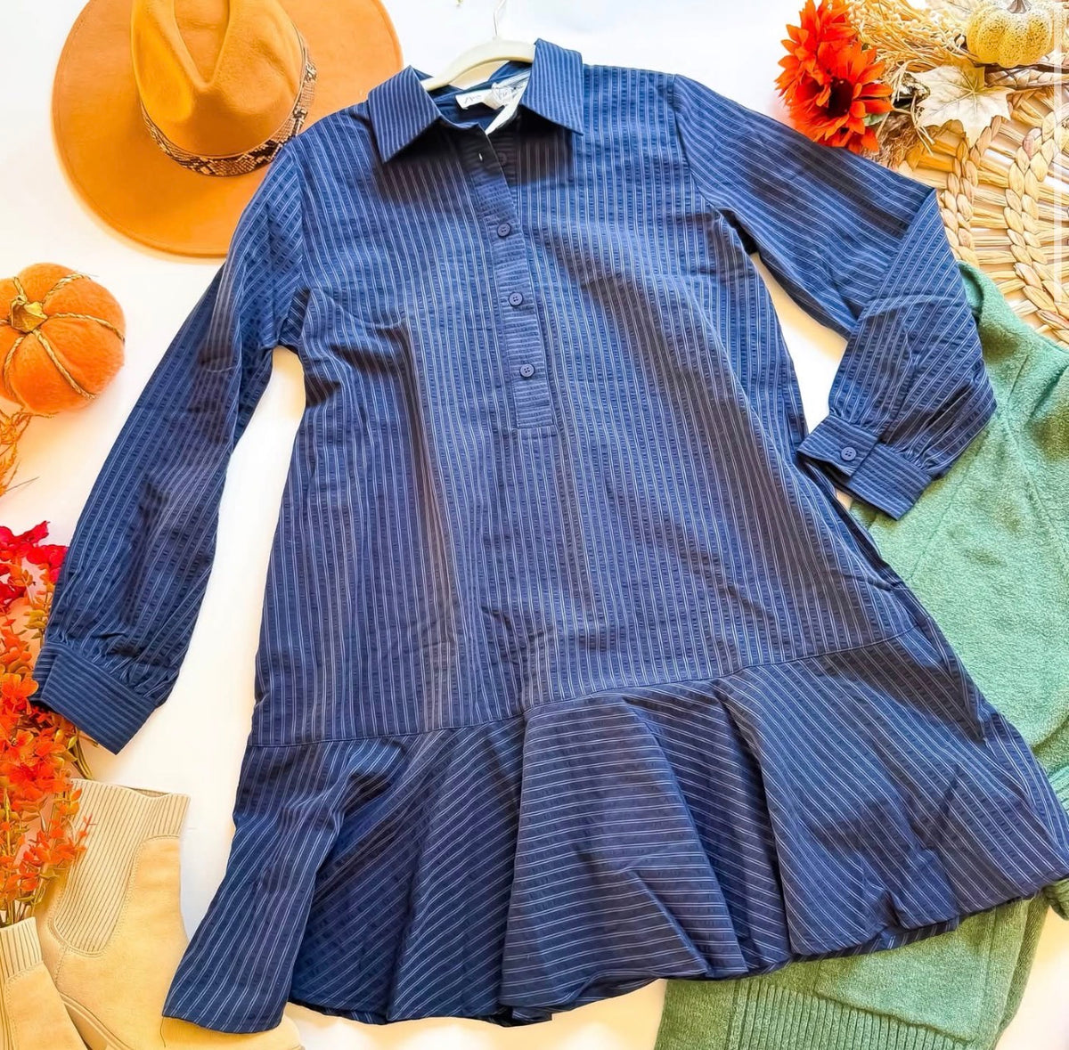 Navy Striped Long Sleeve Mini Shirt Dress