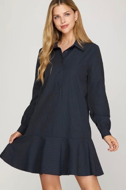 Navy Striped Long Sleeve Mini Shirt Dress