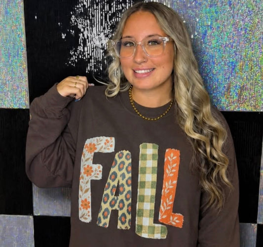 Chocolate Brown FALL Satin Rhinestone Patch Sweatshirt