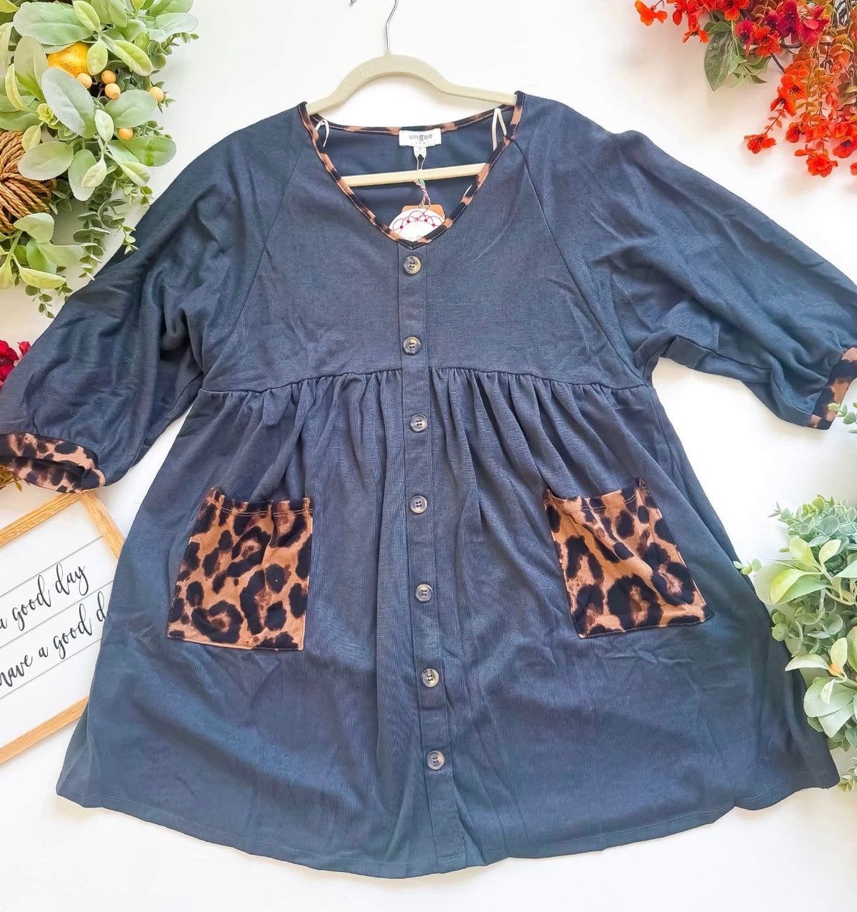 Gray mini dress with leopard accents