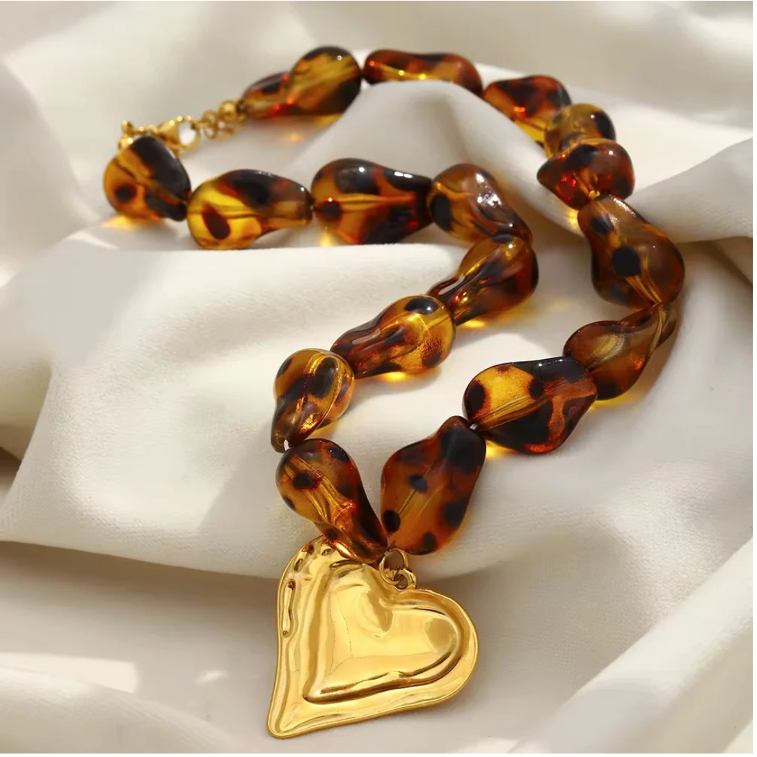 Beaded Tortoise Necklace with Gold Heart Charm
