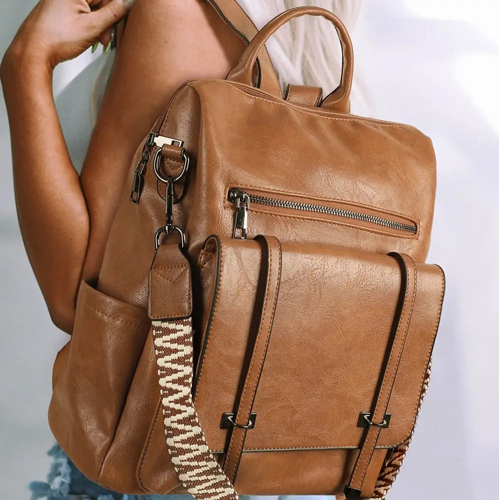 Camel Embroidered Strap Attached Large PU Leather backpack
