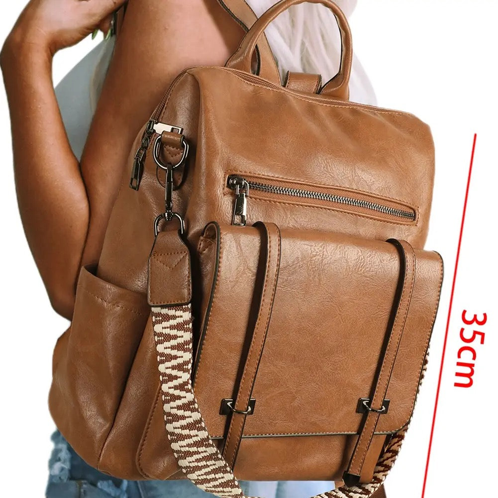 Camel Embroidered Strap Attached Large PU Leather backpack