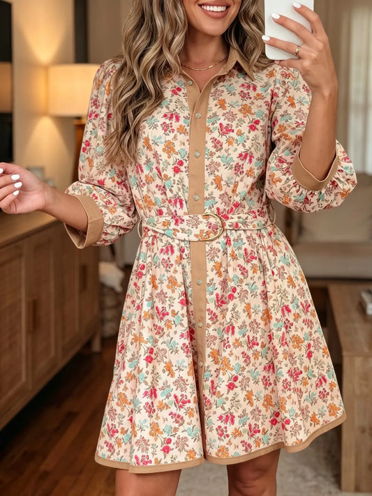 Orange Floral Print Color Block Trim Button Down 3/4 Sleeve Belted Mini Dress