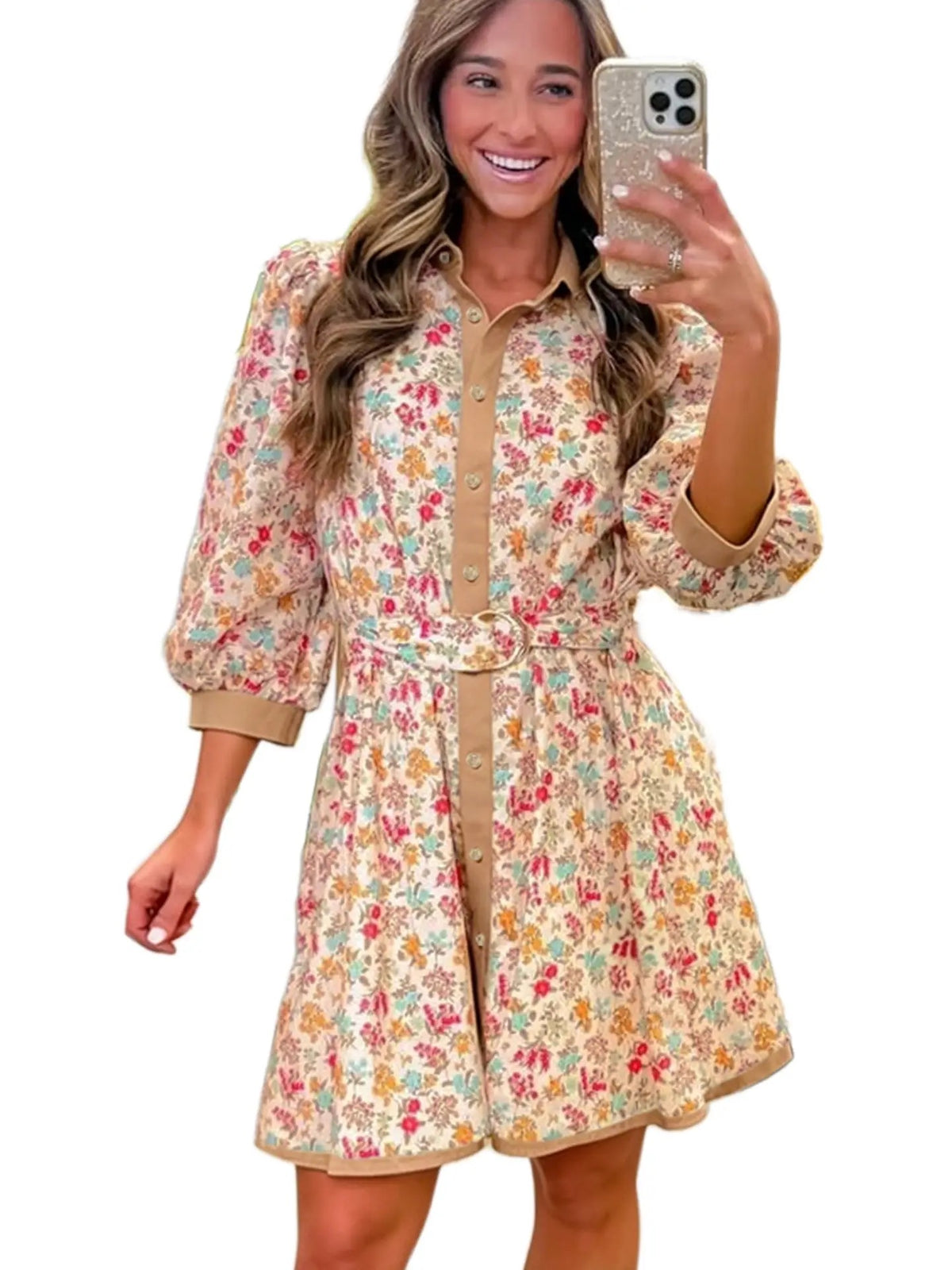 Orange Floral Print Color Block Trim Button Down 3/4 Sleeve Belted Mini Dress