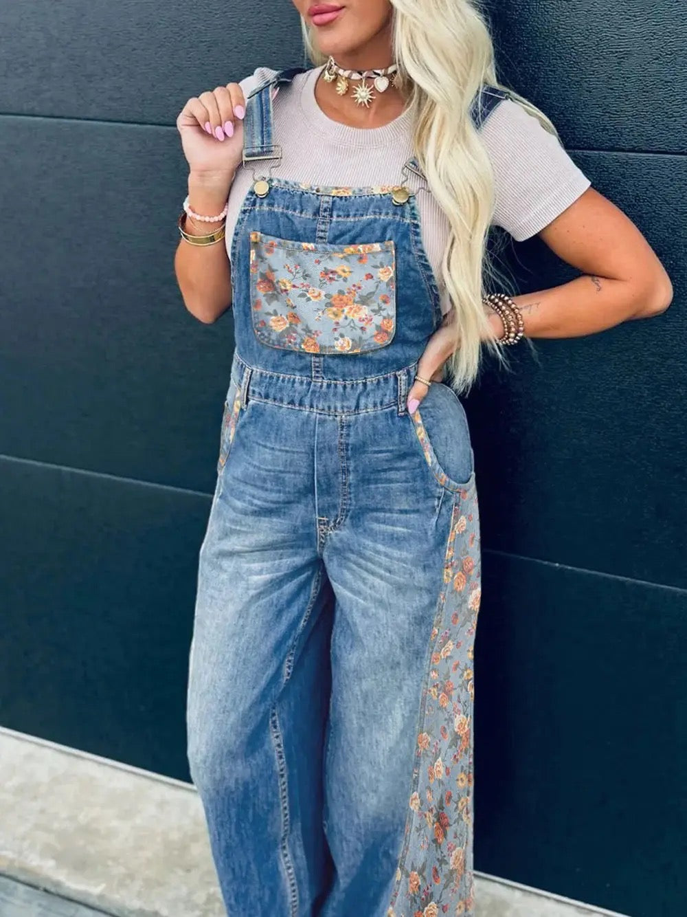 Peacock Blue Floral Patchwork Bib Denim Wide-Leg Overalls