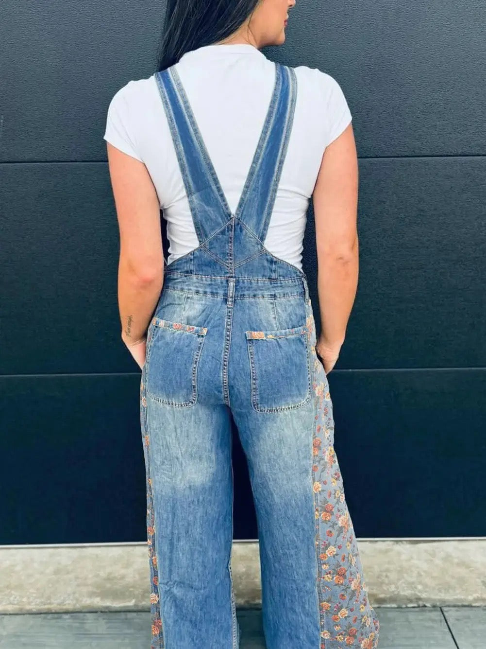Peacock Blue Floral Patchwork Bib Denim Wide-Leg Overalls