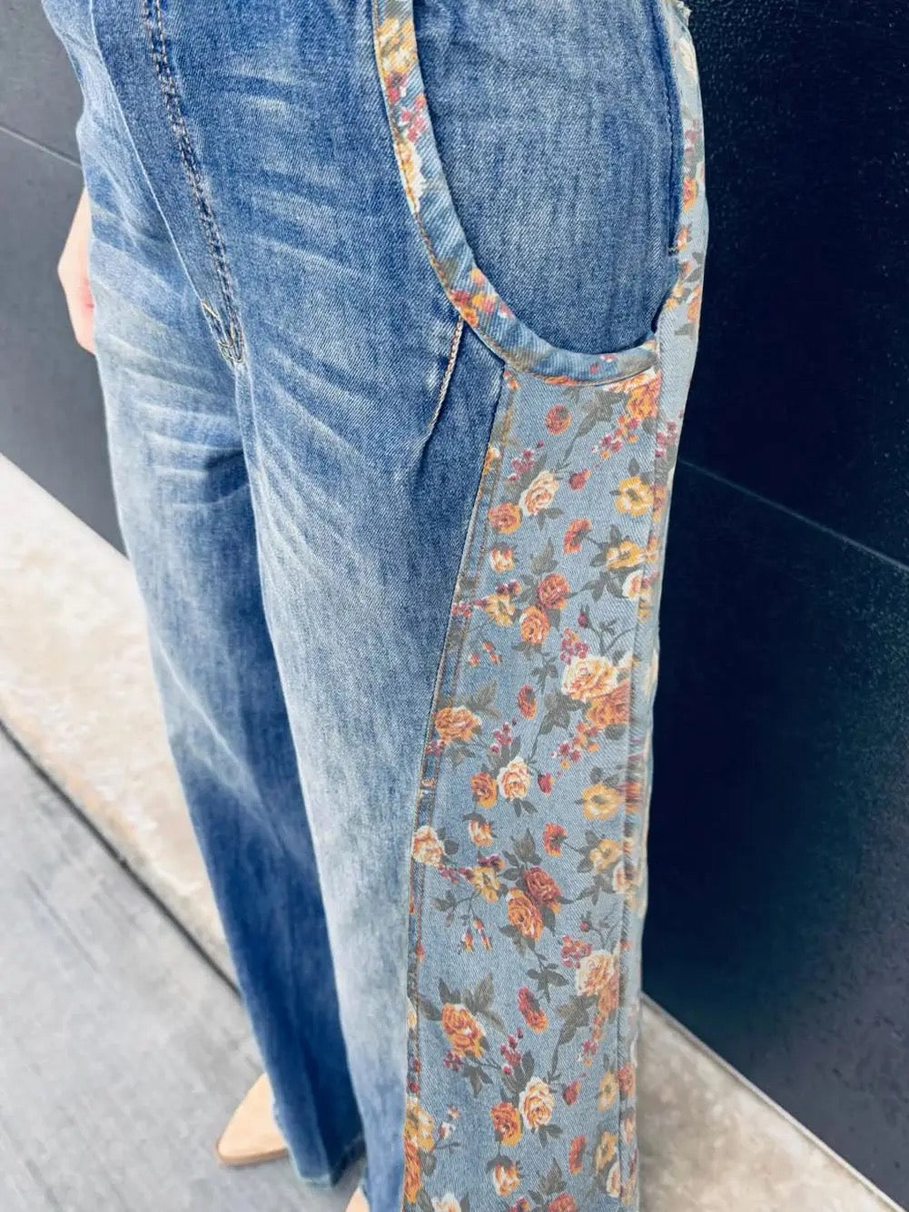 Peacock Blue Floral Patchwork Bib Denim Wide-Leg Overalls