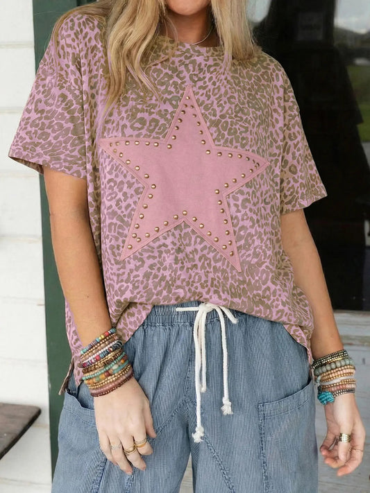 Pink Leopard Retro Studded Star Patch Loose Tee