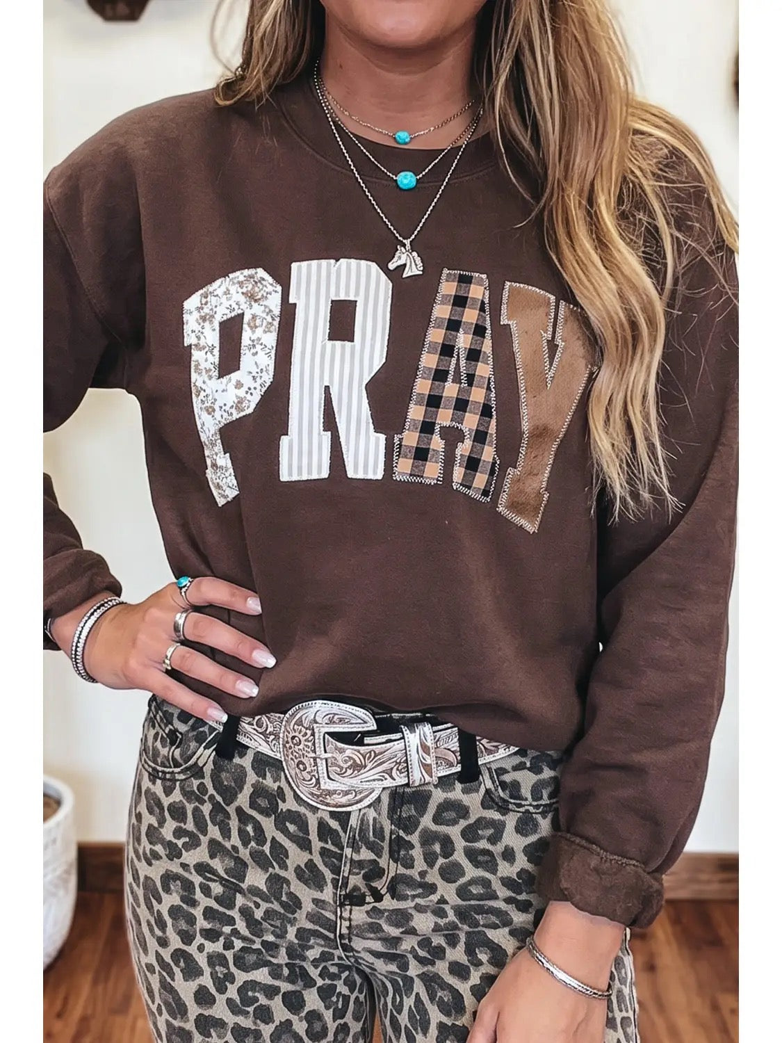Coffee Floral Buffalo Plaid Striped Embroidered Patch Western Pullover Sweatshirt