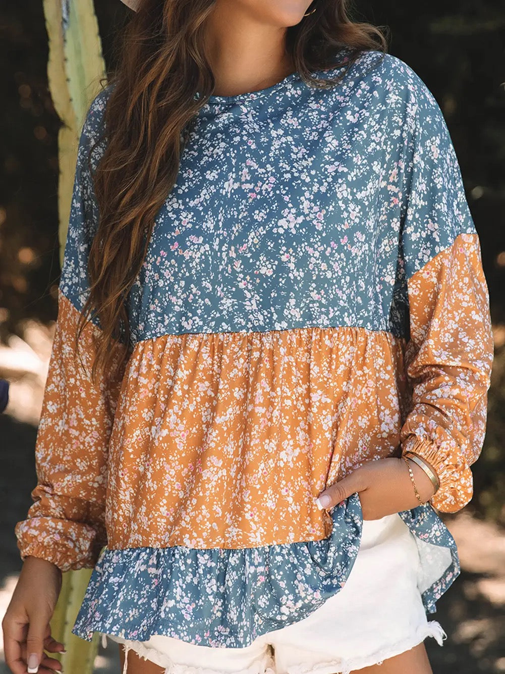 Orange Floral Color Block Patchwork Ruffled Hem Round Neck Blouse