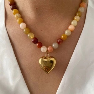 Natural Stone Beaded Necklace With Polished Stainless Steel Heart Pendant Gold Plated Colorful Boho Jewelry