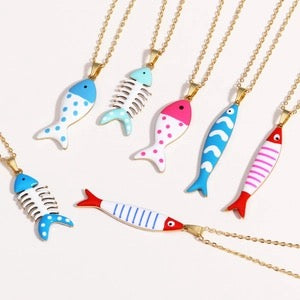 Fish Pendant Necklace Colorful Enamel Fishbone Charm