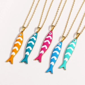 Fish Pendant Necklace Colorful Enamel Fishbone Charm