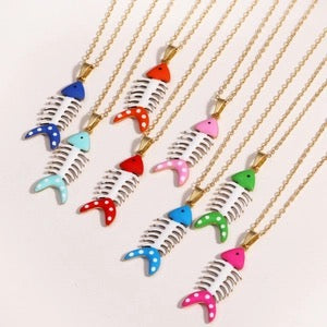 Fish Pendant Necklace Colorful Enamel Fishbone Charm