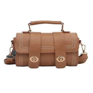 Women PU Leather Cylinder Crossbody Bag With Rivet Double Swivel Lock And Wide Ethnic Pattern Strap Vintage Handbag
