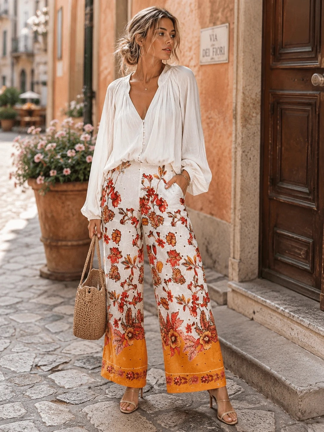 Women's elastic waist eyelet floral wide leg pants