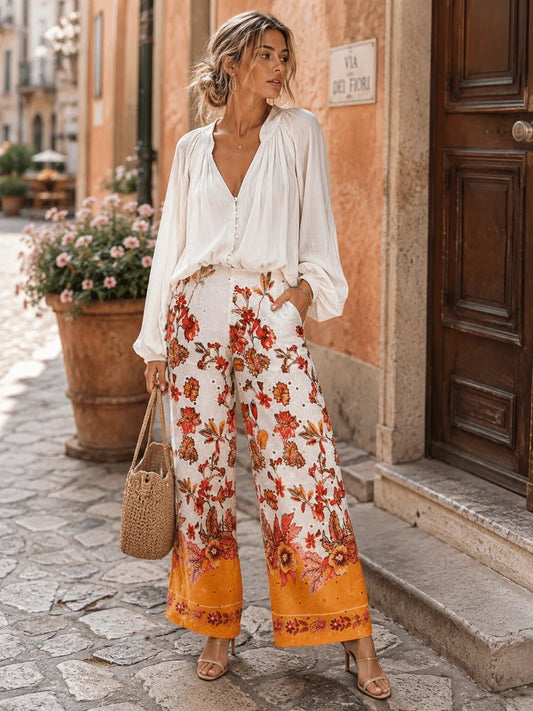 Women's elastic waist eyelet floral wide leg pants