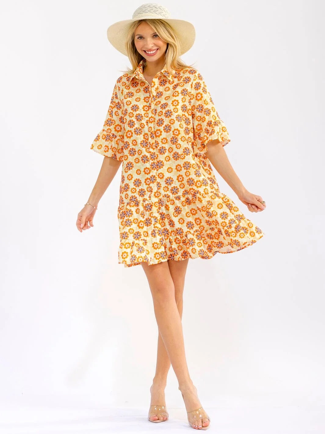 Women's short ruffle sleeves button up front pockets floral mini dress