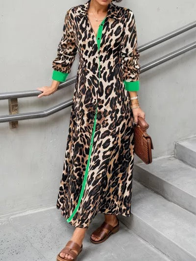 Leopard Print Long Sleeve Shirt Dress with Contrast Trim Green