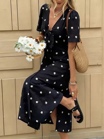 Daisy Print Tie Front Midi Dress