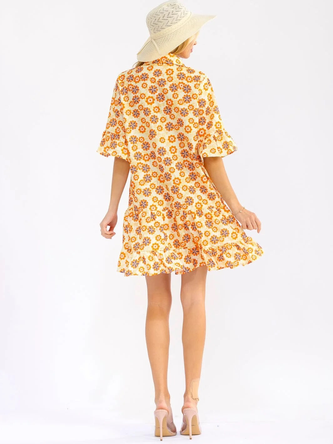 Women's short ruffle sleeves button up front pockets floral mini dress