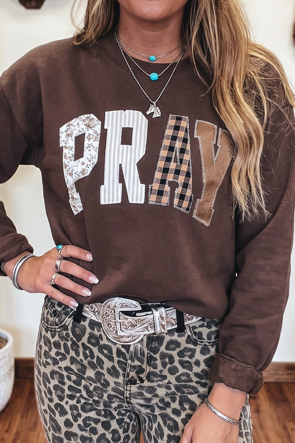 Pray Letter Embroidered Floral Striped Sweatshirt in Coffee