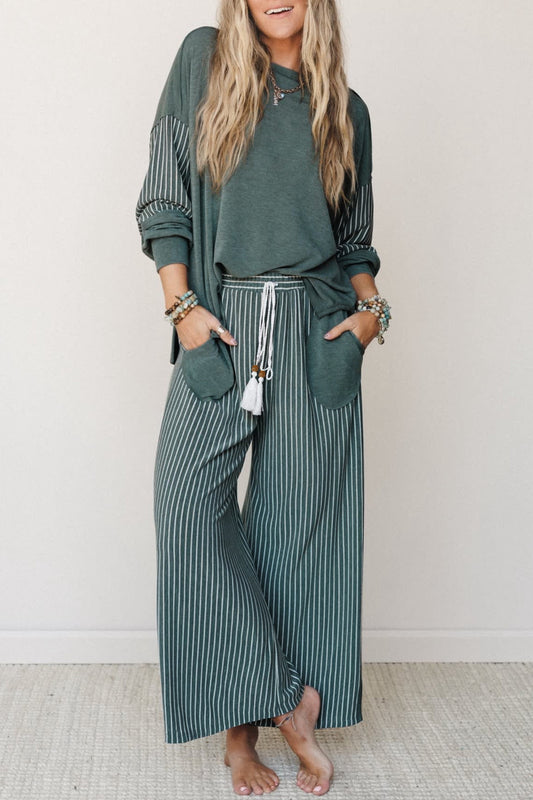 Green Bay Raw Seam Patchwork Long Sleeve Top Pocket Casual Pants 2pcs Set