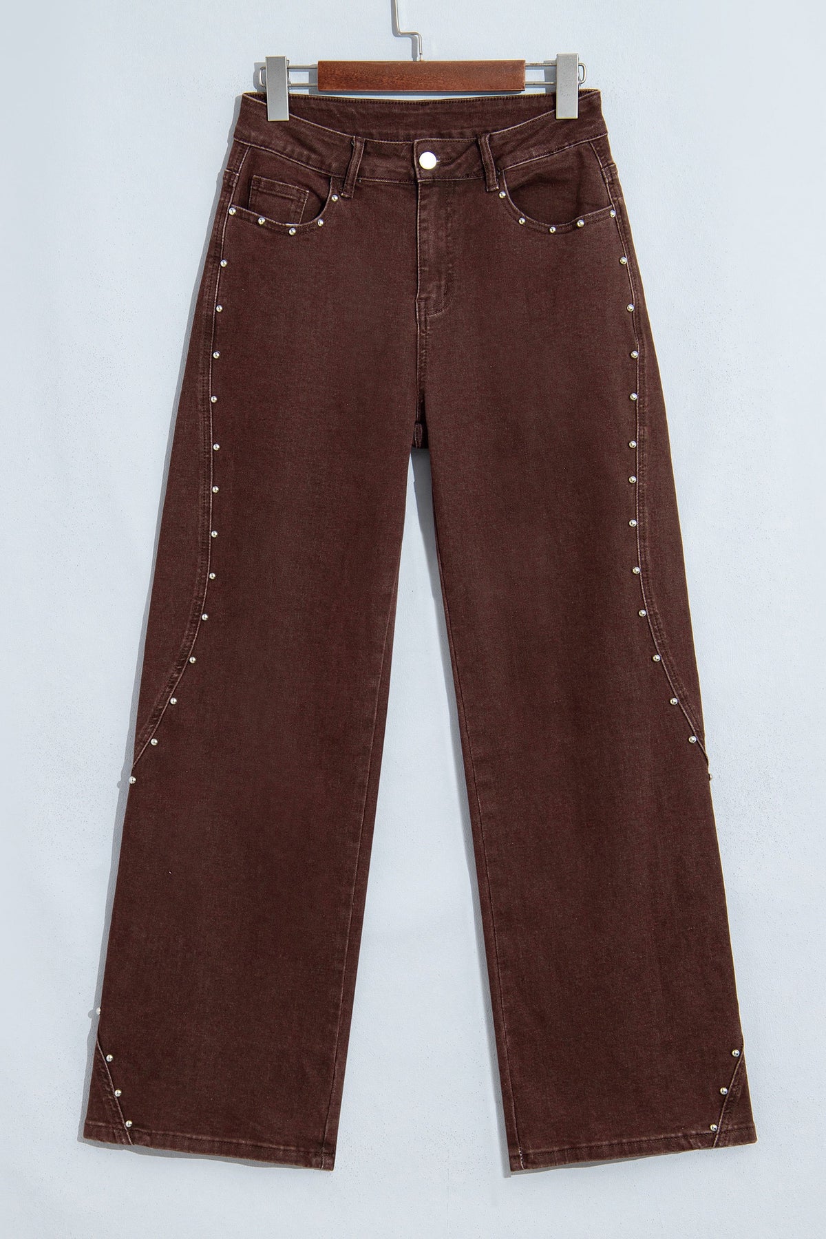 Coffee Side Seam Rivet Detail Ankle Length Casual Jeans