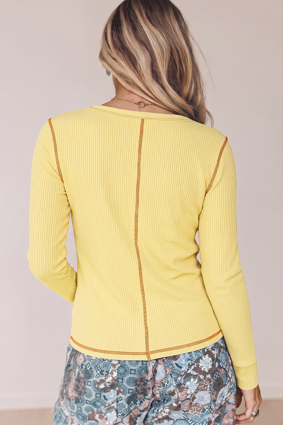 Banana Cream V Neck Ribbed Stitched Detail Long Sleeve Top