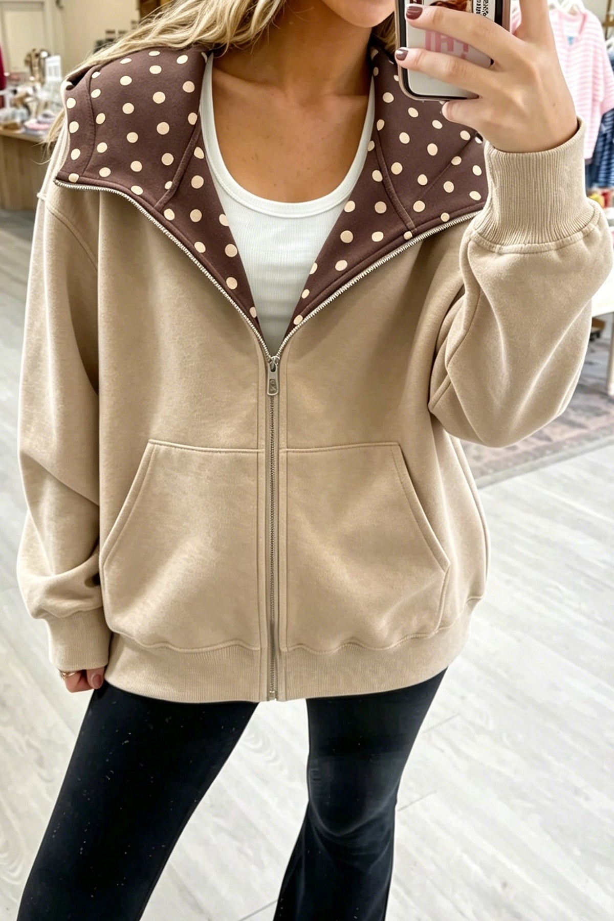 Parchment Polka Dot Hooded Zip-Up Sweatshirt