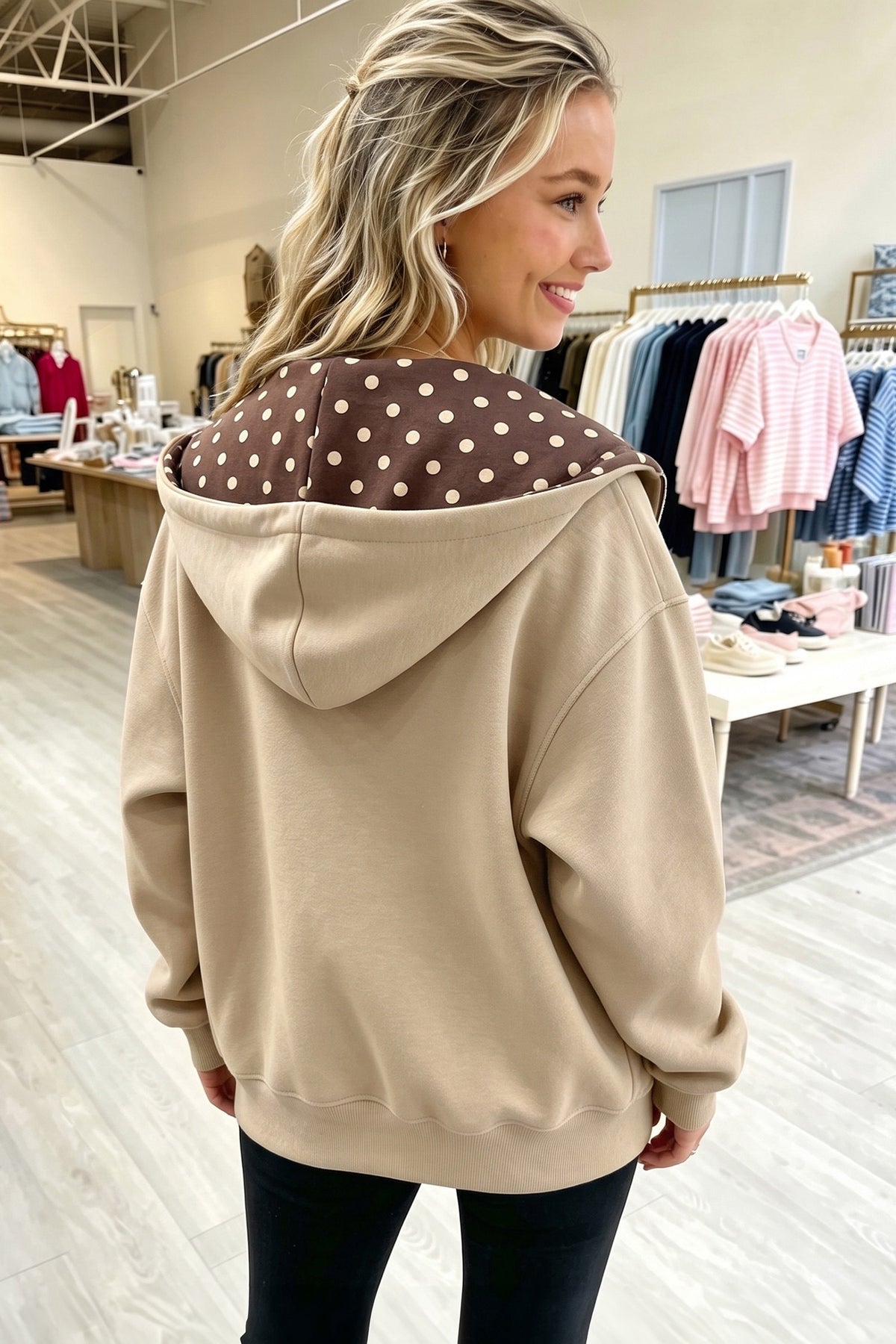 Parchment Polka Dot Hooded Zip-Up Sweatshirt