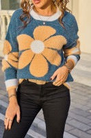 Sail Blue Plush Flower Pattern Revved Detail Cozy Sweater