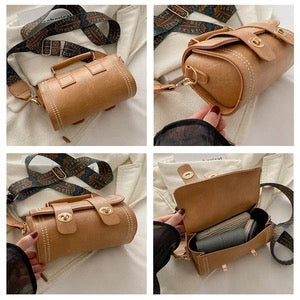 Women PU Leather Cylinder Crossbody Bag With Rivet Double Swivel Lock And Wide Ethnic Pattern Strap Vintage Handbag