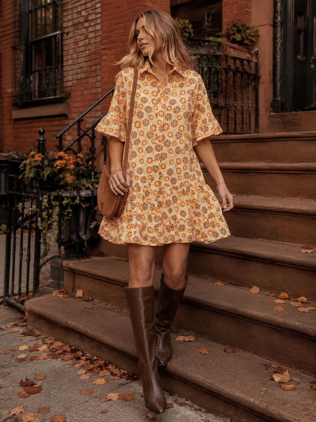 Women's short ruffle sleeves button up front pockets floral mini dress