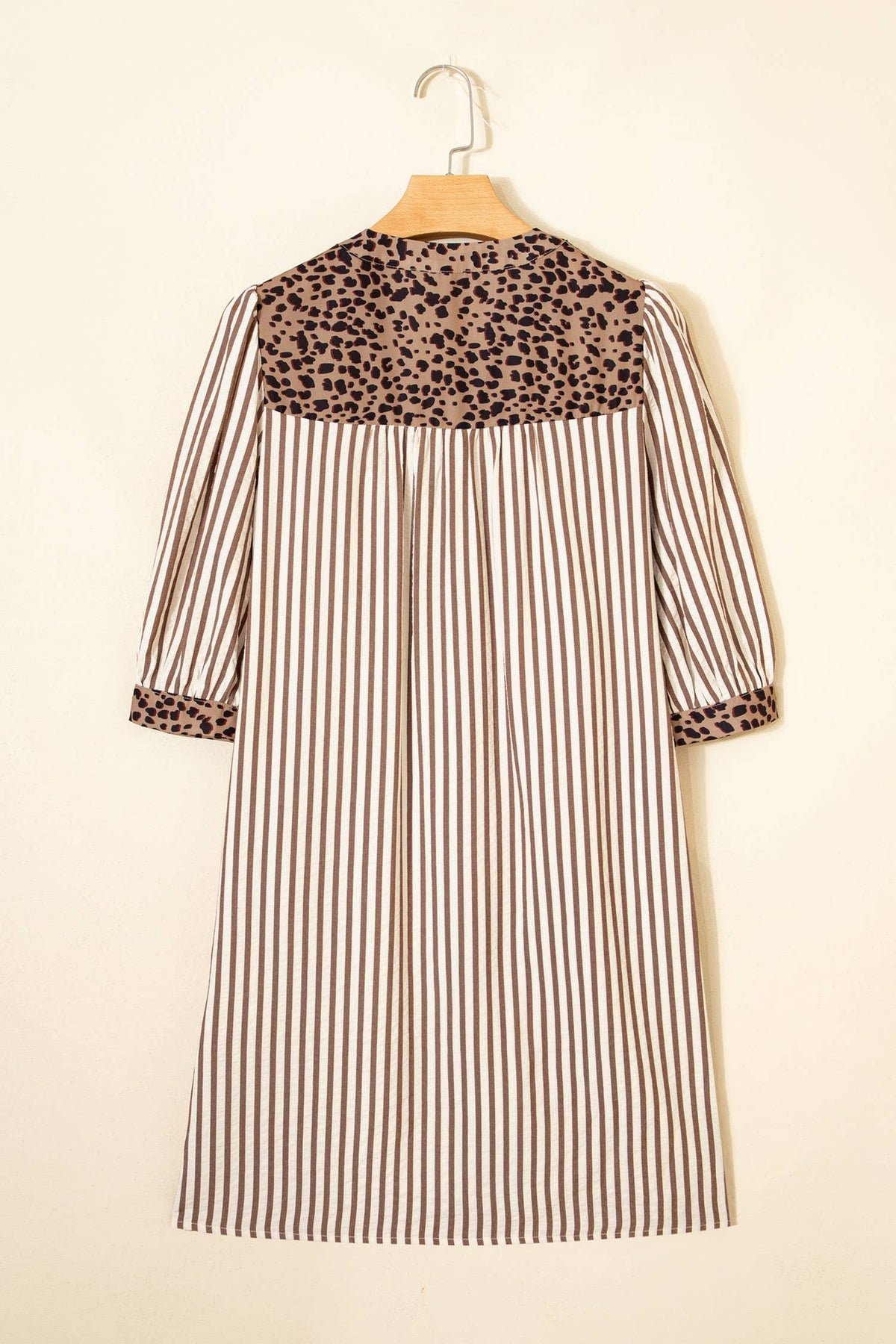 Stripe Button Leopard Trim Bracelet Sleeve Dress (S-XL): Brown / Missy