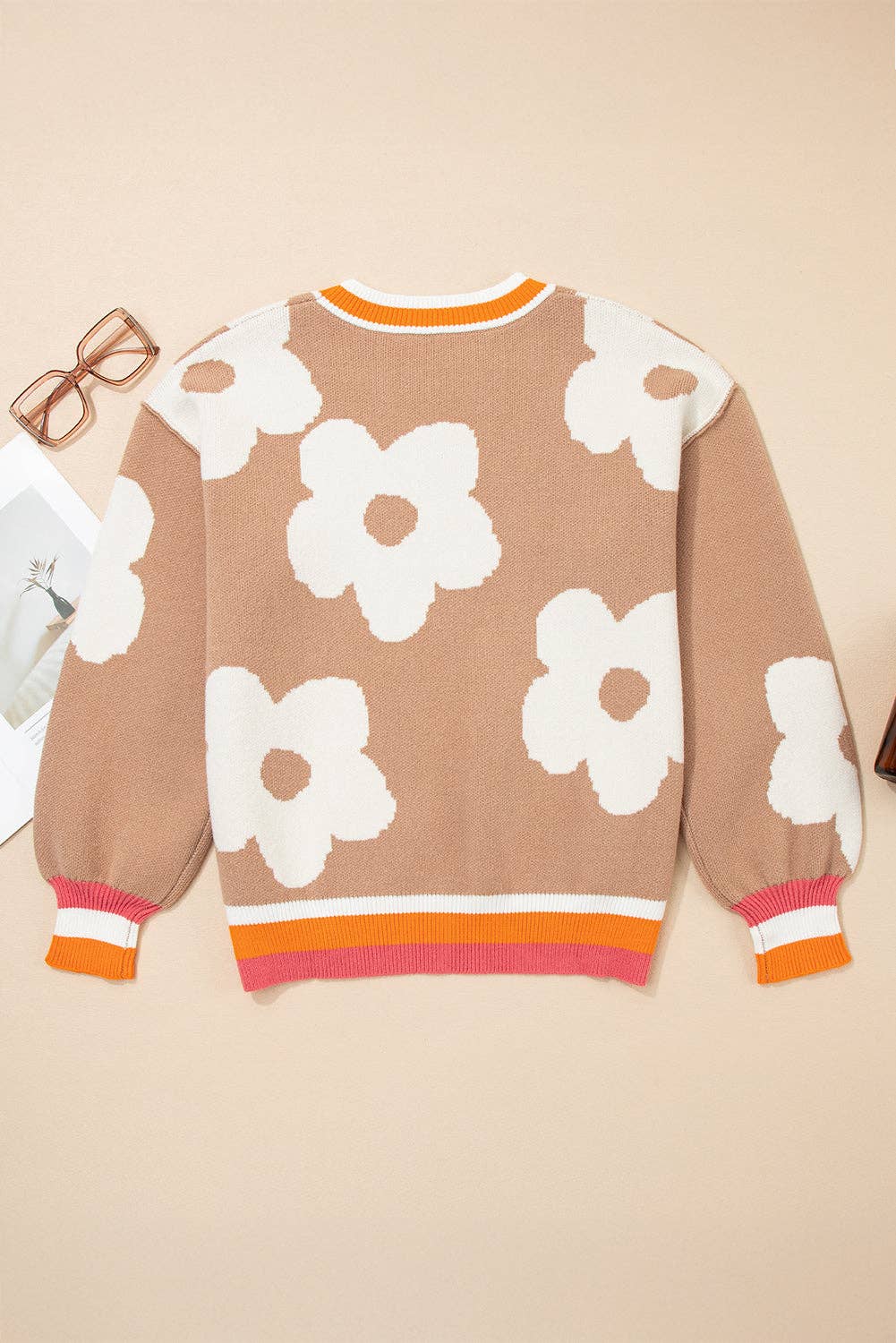 Flower Colorblock Contrast Stripe Baggy Sweater: Smoke Gray