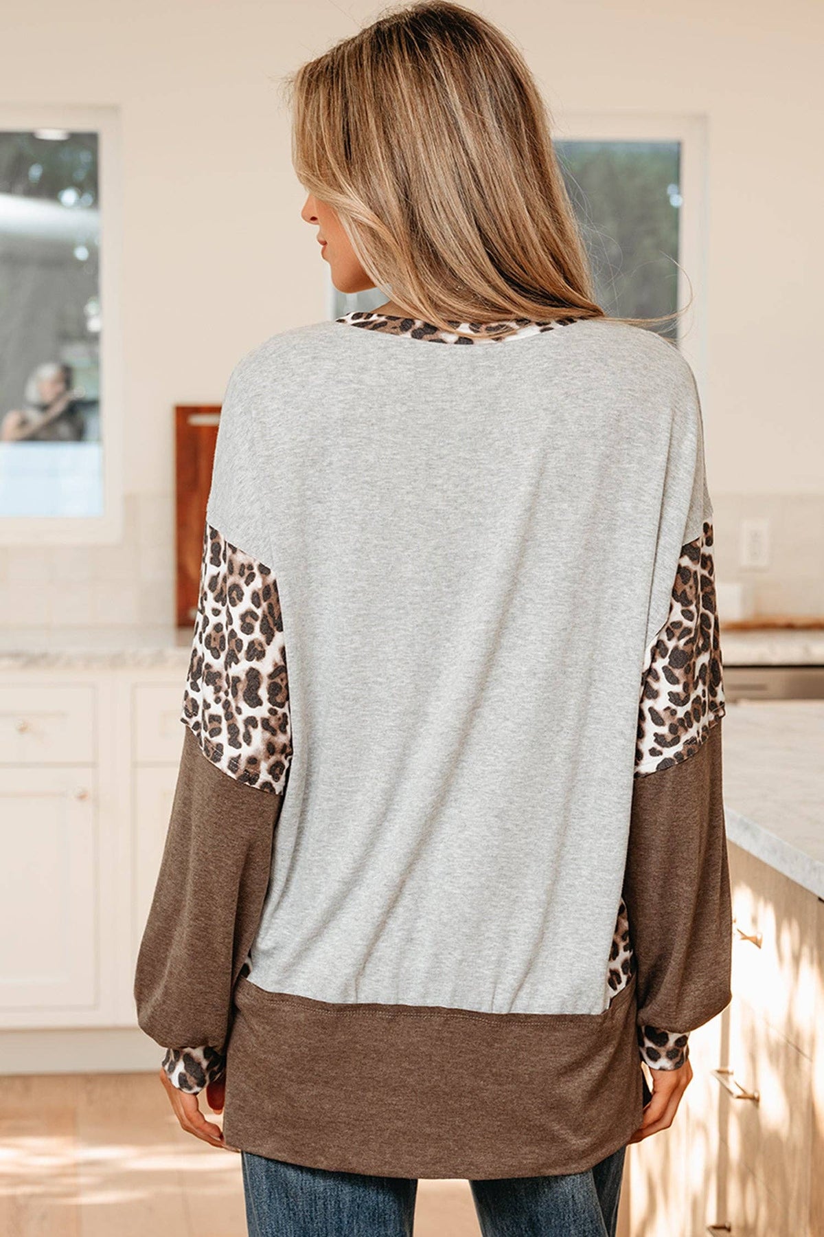 Color Block Leopard Dolman Sleeve High Low Baggy Sweatshirt: Light Pink / 75%Polyester+20%Viscose+5%Elastane