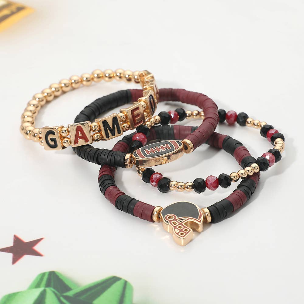4PCS - GAMEDAY Football Charm Heishi Beaded Stretch Multi Layered Bracelets: Black Burgundy