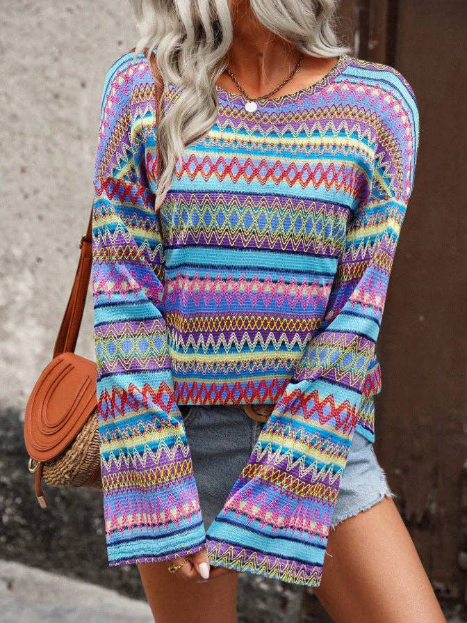 Boho Multicolor Geometric Knit Bell Sleeve Top: Red / 95%Polyester+5%Elastane